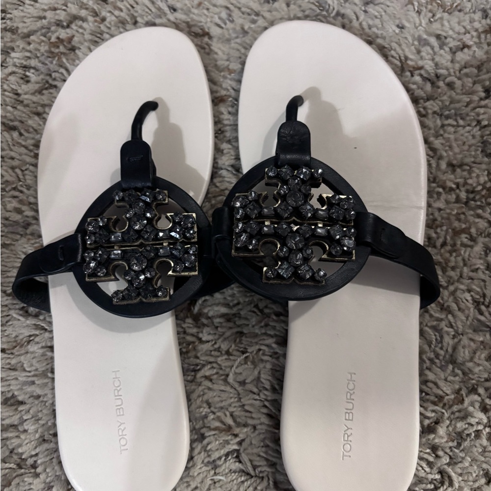 Tory Burch Black and White Miller Sandals with Decorative Elements
